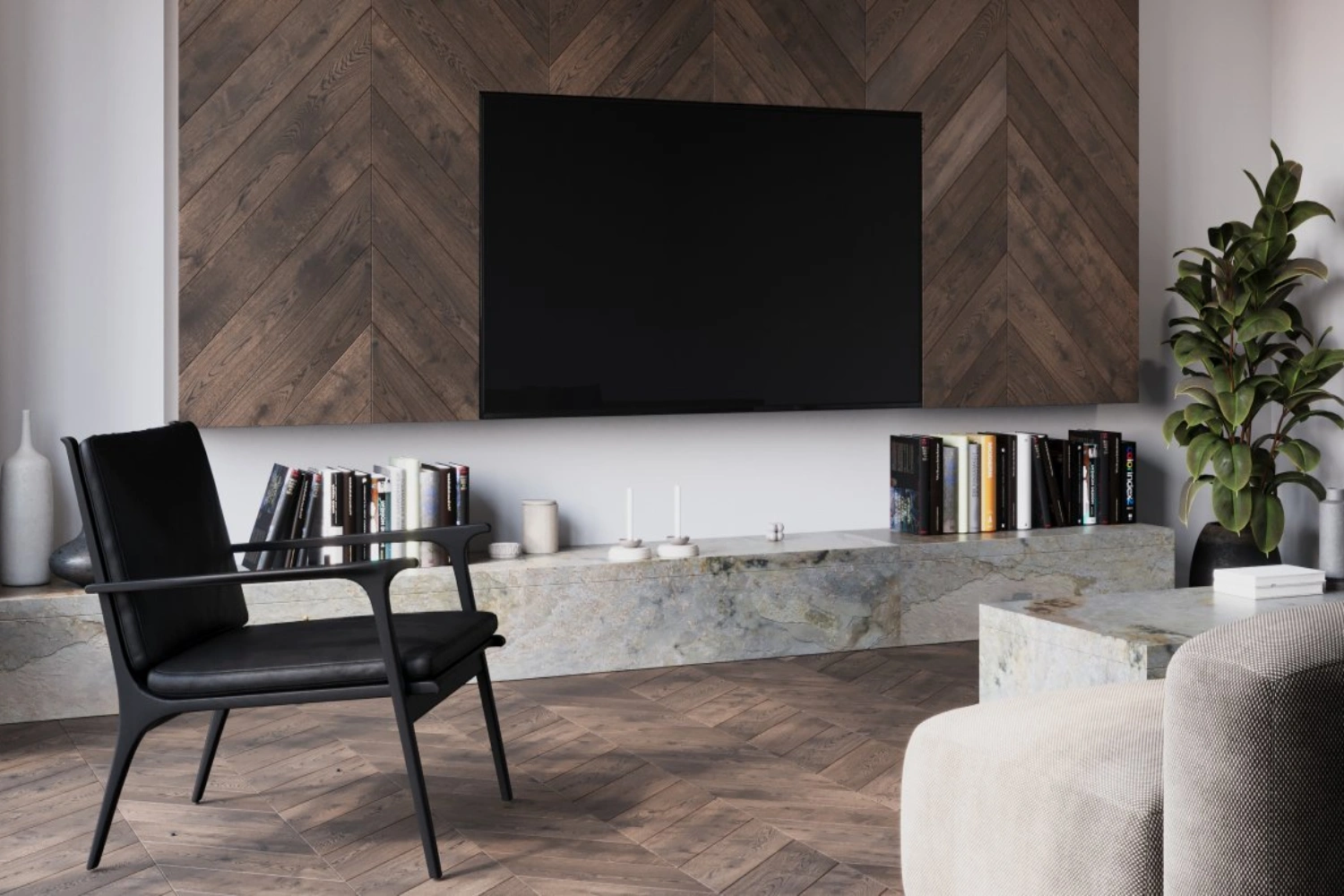 Nowoczesny salon z drewnianą jodełką i akcentami naturalnej elegancji